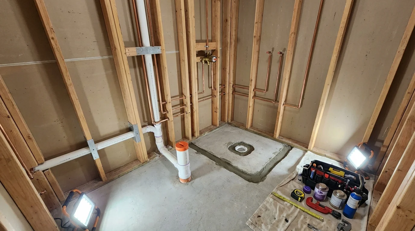 Bathroom rough-in plumbing during remodel by Johns Plumbing LLC in Cave Springs
