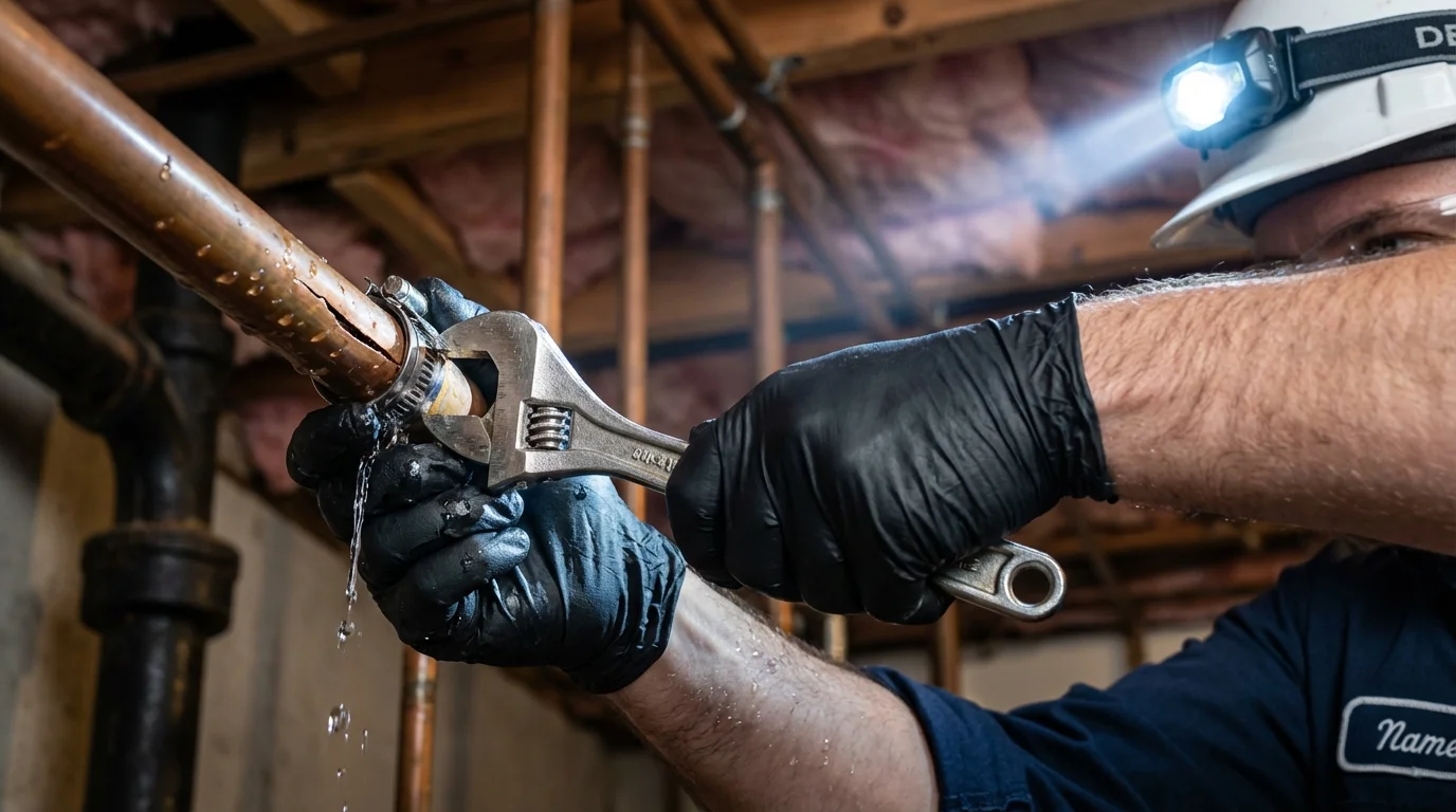 Emergency pipe clamp repair being performed by a Johns Plumbing LLC plumber in Cave Springs