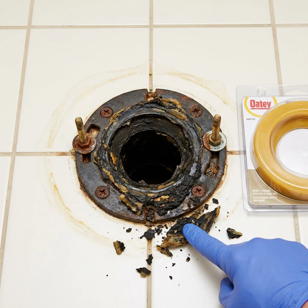 Failed wax ring showing water seepage at the base of a toilet in a Cave Springs, AR home