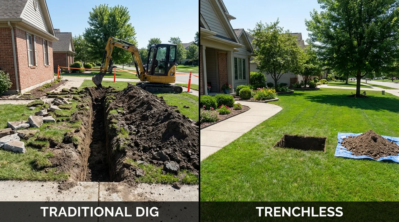 Trenchless sewer repair with minimal yard damage versus traditional excavation in Cave Springs, AR