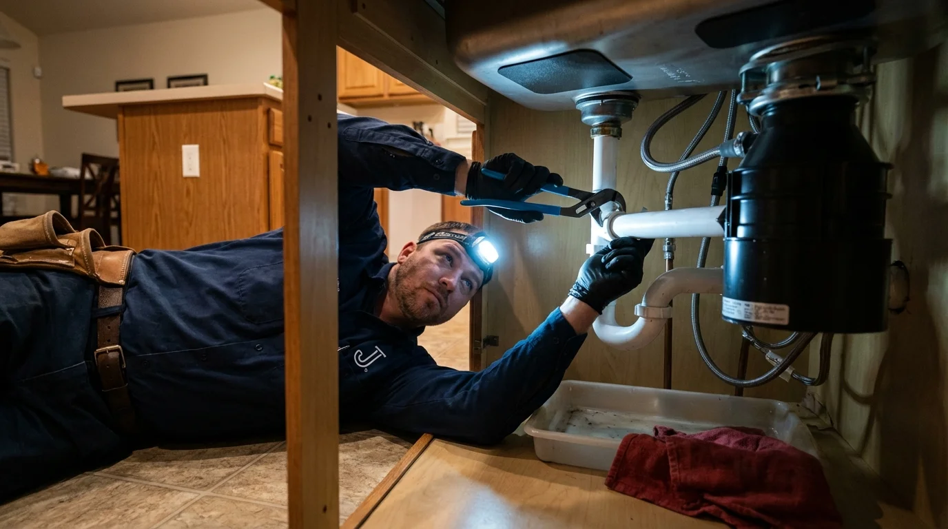P-trap and supply line connections under a kitchen sink showing a common leak point in Cave Springs, AR